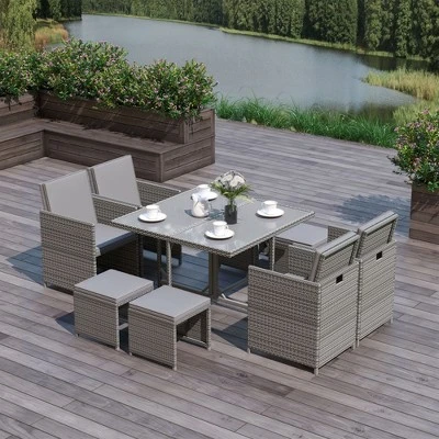 Outsunny 9 Piece Patio Wicker Dining Sets, Space Saving Outdoor Sectional Conversation Set, With Dining Table, Ottoman