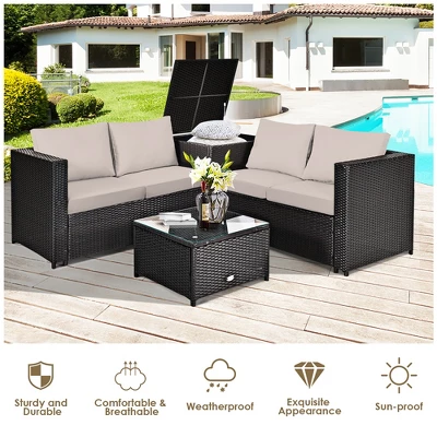 Costway 4PCS Outdoor Patio Rattan Furniture Set Cushioned Loveseat Storage Table - Image 3