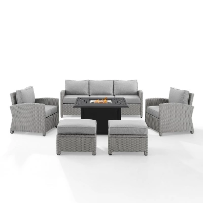 Bradenton 6pc Outdoor Wicker Sofa And Arm Chair Seating Set With Dante Fire Table And 2 Ottomans - Gray/Gray - Crosley - Image 9