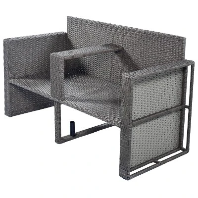 2pc Outdoor Wicker Conversation Sectional Set With Cushions & Half-Moon Side Table For Umbrella - Gray - GODEER - Image 10