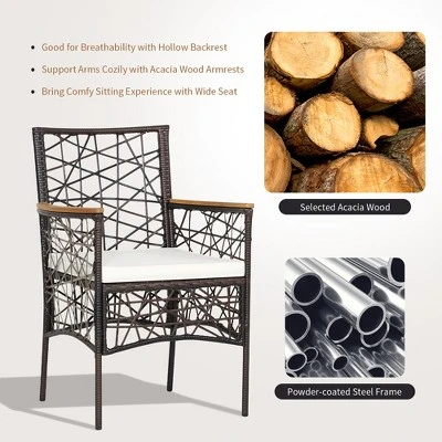 Costway 2pcs PE Wicker Patio Bistro Chairs Acacia Wood Armrests W/ Cushions Outdoor - Image 5