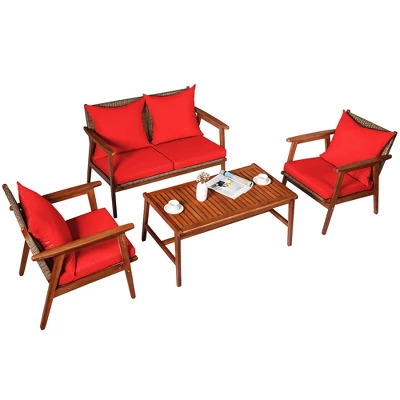 Costway 4PCS Patio Rattan Furniture Set Acacia Wood Frame Cushioned Sofa Chair - Image 9