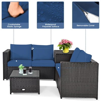 Costway 8PCS Outdoor Patio Rattan Furniture Set Cushioned Loveseat Storage Table Navy - Image 5
