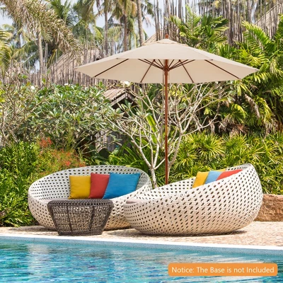 Costway 9.5 FT Patio Rope Pulley Wooden Umbrella Market W/Fiberglass Ribs Outdoor Beige - Image 2