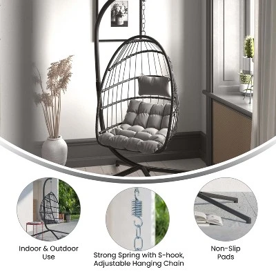 Emma And Oliver Awen Foldable Hanging Egg Chair With Woven Finish, Removable Cushions, And Included Stand For Indoor And Outdoor Use - Image 9