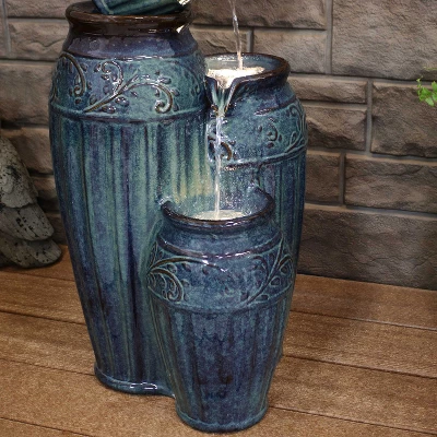 Sunnydaze Decor Sunnydaze 27"H Electric Ceramic Dark Turquoise Tour De Vase Outdoor Water Fountain With LED Lights - Image 7