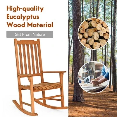 Costway Outdoor Eucalyptus Rocking Chair Single Rocker For Patio Deck Garden Natural - Image 7