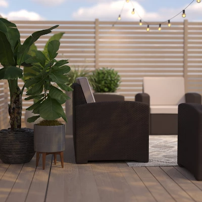 Merrick Lane Outdoor Furniture Resin Sofa Chocolate Brown Faux Rattan Wicker Pattern Patio 3-Seat Sofa With All-Weather Beige Cushions - Image 5