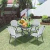 Tangkula 5PCS Rattan Patio Dining Set All Weather Square Folding Table & 4 Stackable Chairs Set W/Tempered Glass Tabletop