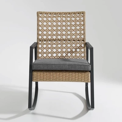Komodo Modern Boho Faux Rattan & Metal Outdoor Rocking Chair With Cushion - Brown/Gray - Saracina Home - Image 2