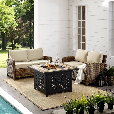 Crosley 3pc Bradenton Steel Outdoor Patio Fire Pit Furniture Set With Two Loveseats Tan/Brown - Image 3