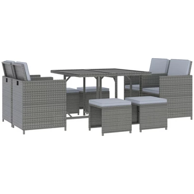 Outsunny 9 Piece Patio Wicker Dining Sets, Space Saving Outdoor Sectional Conversation Set, With Dining Table, Ottoman - Image 9