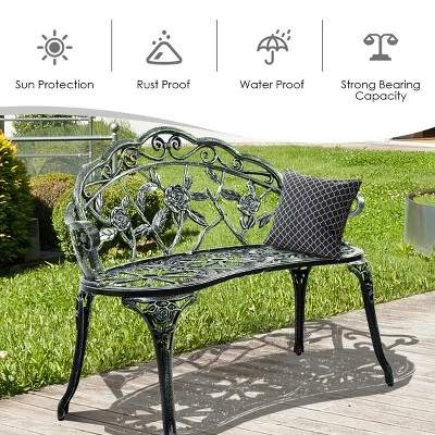 Costway Patio Garden Bench Chair Style Porch Cast Aluminum Outdoor Rose Antique Green - Image 5