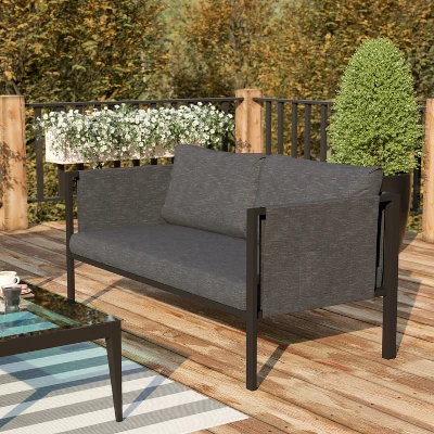 Flash Furniture Lea Indoor/Outdoor Loveseat With Cushions - Modern Steel Framed Chair With Storage Pockets