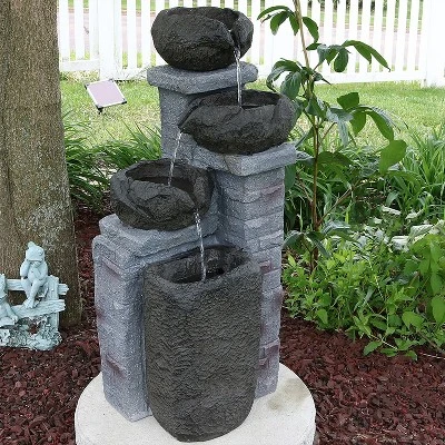 Sunnydaze Decor Sunnydaze Outdoor Polyresin Solar Powered Stone Bowls Water Fountain With LED Lights And Backup Battery - 30"