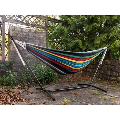 The Hamptons Collection 110” Black And Blue Striped Brazilian Style Hammock With A Steel Hammock Stand - Image 2