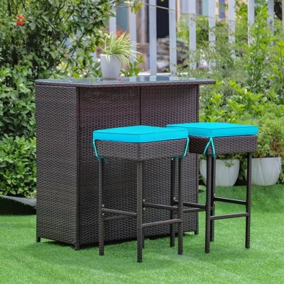 Tangkula 3PCS Patio Wicker Rattan Bar Set Table W/2 Turquoise Cushioned Stools