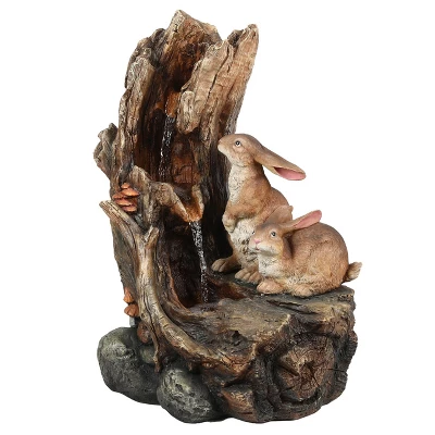 LuxenHome Resin Two Bunnies Tree Stump Outdoor Fountain With LED Lights - Image 5
