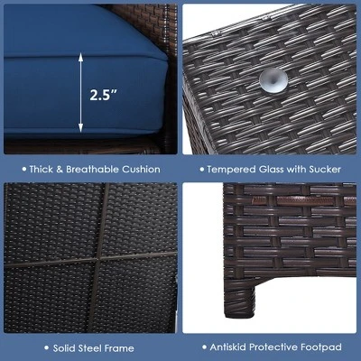 Costway 8PCS Outdoor Patio Rattan Furniture Set Cushioned Loveseat Storage Table Navy - Image 7