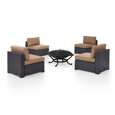 Biscayne 5pc Outdoor Wicker Conversation Set With 4 Armless Chairs & Fire Pit - Mocha - Crosley - Image 6