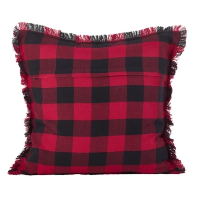 20" Fringed Buffalo Plaid Pillow Down Filled Red - SARO Lifestyle