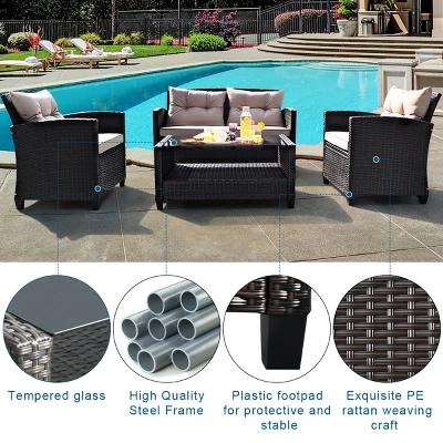 Costway 4PCS Outdoor Rattan Furniture Set Cushioned Sofa Armrest Table - Image 6