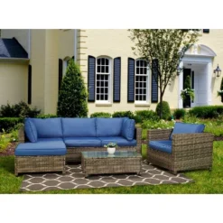 4pc Wicker Patio Sectional Seating Set - Blue - EDYO LIVING