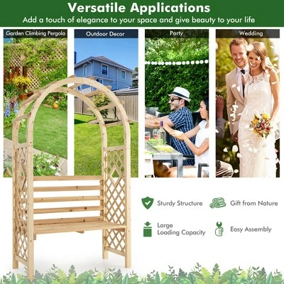 Costway Wooden Garden Bench Arch Pergola Outdoor Arbor W/backrest Patio Trellis Pergola - Image 4