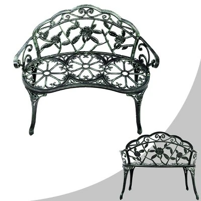 Costway Patio Garden Bench Chair Style Porch Cast Aluminum Outdoor Rose Antique Green - Image 9