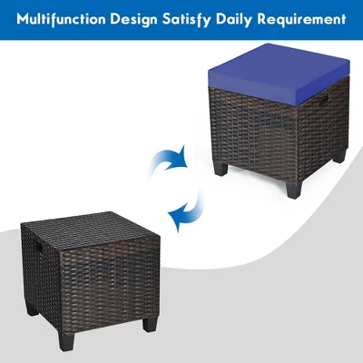 Costway 2PCS Patio Rattan Ottoman Cushioned Seat Foot Rest Coffee Table Furniture Garden Navy - Image 3