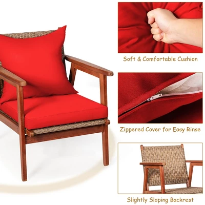 Costway 4PCS Patio Rattan Furniture Set Acacia Wood Frame Cushioned Sofa Chair - Image 8