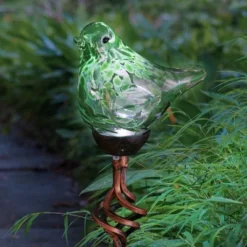 31" Resin Solar Pearlized Glass Bird Finial Garden Stake Green - Exhart