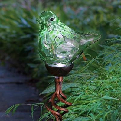 31" Resin Solar Pearlized Glass Bird Finial Garden Stake Green - Exhart