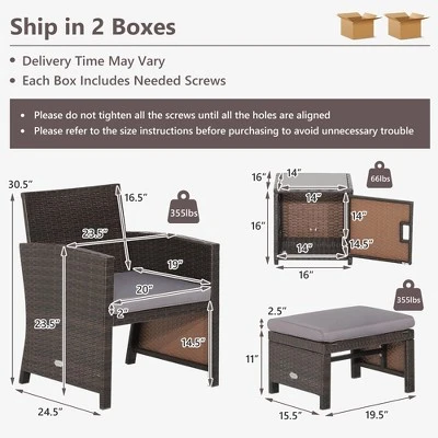 Costway 5PCS Patio Rattan Furniture Set Ottoman Cushioned W/Cover Space Saving Off White/Gray/Red/Turquoise - Image 3