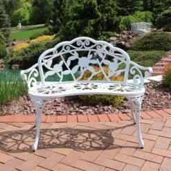 Sunnydaze Decor Sunnydaze 2-Person Classic Rose Design Cast Aluminum Outdoor Garden Bench, White