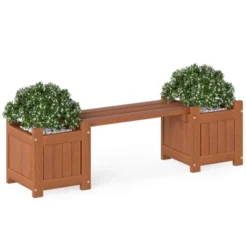 Costway Wood Planter Box With Bench Open-Ended Base & Teak Oil Finish For Flowerpots