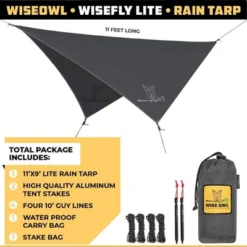 Wise Owl Outfitters Wisefly 11' X 9' Hammock Rain Tarp Cover With Guy Lines, Tent Stakes, And Waterproof Carry Bag, Gray, Accessory Only