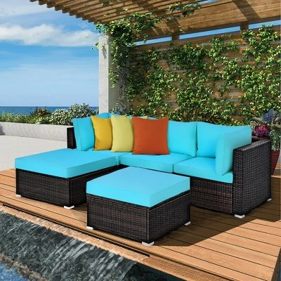 Costway 5PCS Patio Rattan Sectional Conversation Set Ottoman Turquoise - Image 2