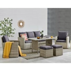 Barton 6 PCS Patio Dining Set Rattan Wicker Set With Wood Grain Top Table, Grey