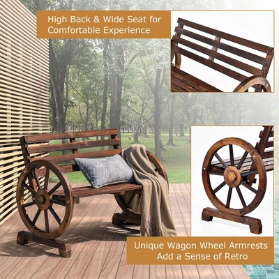 Costway Outdoor Wooden Wagon Wheel Garden Bench 2-Person Slatted Seat Armrests Rustic - Image 6