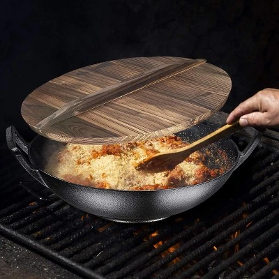 Bruntmor 14" Enameled Cast Iron Wok Nonstick Skillet Pan With Wooden Pot Lid Cover - Black - Image 2