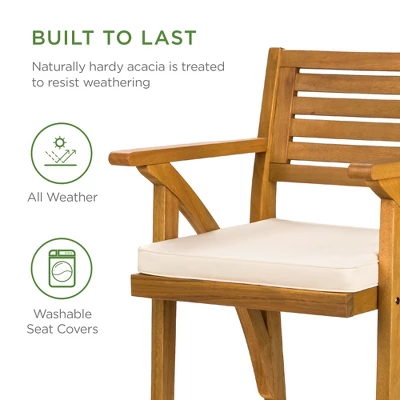 Best Choice Products Set Of 2 Outdoor Acacia Wood Bar Stools Bar Chairs W/ Weather-Resistant Cushions - Teak Finish - Image 3