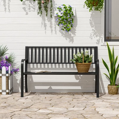 Outsunny 50" Garden Park Bench, Slatted Steel Outdoor Decorative Loveseat For Patio Lawn - Image 2