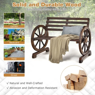 Costway Outdoor Wooden Wagon Wheel Garden Bench 2-Person Slatted Seat Armrests Rustic - Image 5