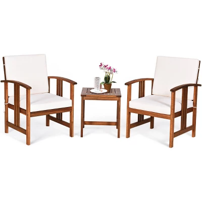 Costway 3PC Outdoor Patio Sofa Furniture Set Solid Wood Cushioned Conversation Set White