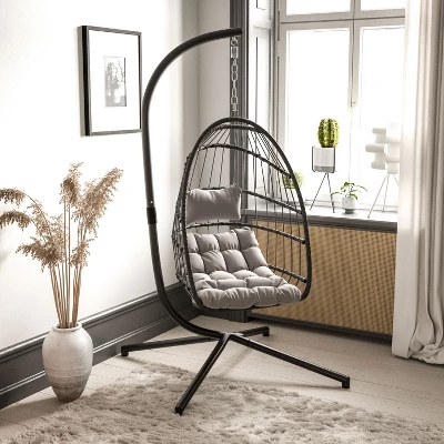 Emma And Oliver Awen Foldable Hanging Egg Chair With Woven Finish, Removable Cushions, And Included Stand For Indoor And Outdoor Use - Image 6