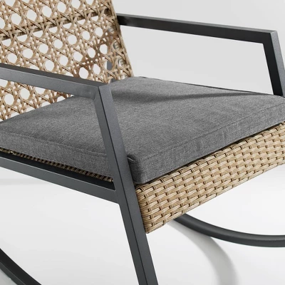 Komodo Modern Boho Faux Rattan & Metal Outdoor Rocking Chair With Cushion - Brown/Gray - Saracina Home - Image 4