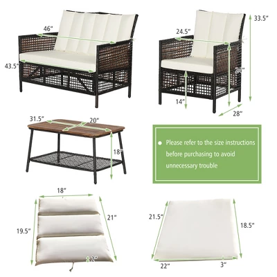 Costway 8PCS Patio Rattan Furniture Set Cushioned Chairs Wood Table Top W/Shelf - Image 3