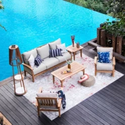 Caterina Teak Patio Sofa With Cushion - Beige - Cambridge Casual