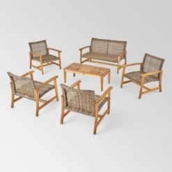 Hampton 6pc Wood & Wicker Chat Set - Natural/Gray - Christopher Knight Home